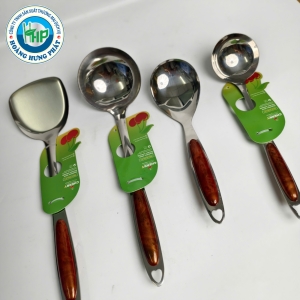 BỘ 4 DỤNG CỤ NHÀ BẾP CHERRY CÁN ỐP VÂN GỖ – VÁ CƠM, VÁ CANH, SẠN INOX