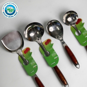 BỘ 4 DỤNG CỤ NHÀ BẾP CHERRY CÁN ỐP VÂN GỖ – VÁ CƠM, VÁ CANH, SẠN INOX