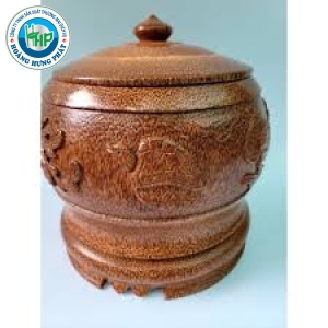 Bình Ủ Trà, Bình Giữ Ấm, Bình Trà Gỗ Dừa 2L Khắc Tứ Linh Long Lân Quy Phụng Sang Trọng