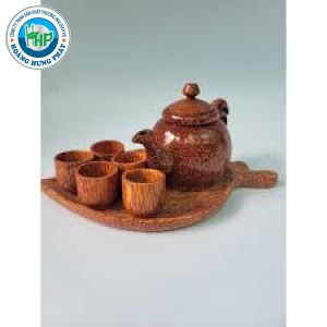 Bộ Ấm Trà Gỗ Dừa Thủ Công Mỹ Nghệ, Khay Chiếc Lá, Khay Tròn Kèm 6 Ly - Gỗ Dừa Bền Đẹp, An Toàn