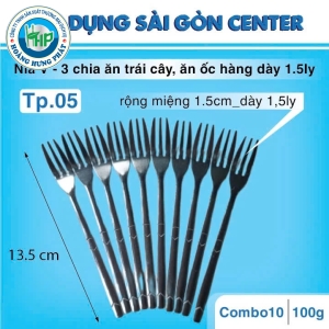 Bộ combo 10 nĩa V - 3 chia cái ăn trái cây VŨ KHẢI inox cao cấp dày 1.5ly dài 14cm